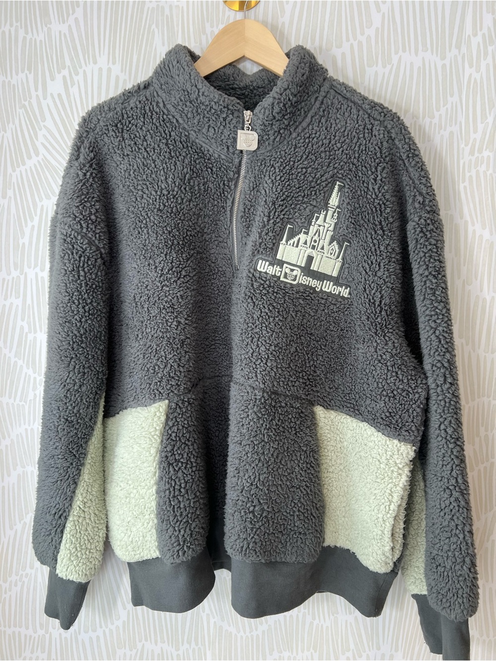 Walt Disney World Gray Sherpa Quarter Zip Pullover Fleece Embroidered Castle